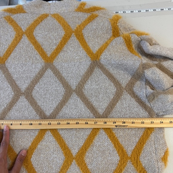 Anthropologie Diamond Knit Beige Mustard Cozy Boho Open Boxy Cardigan - Picture 10 of 12